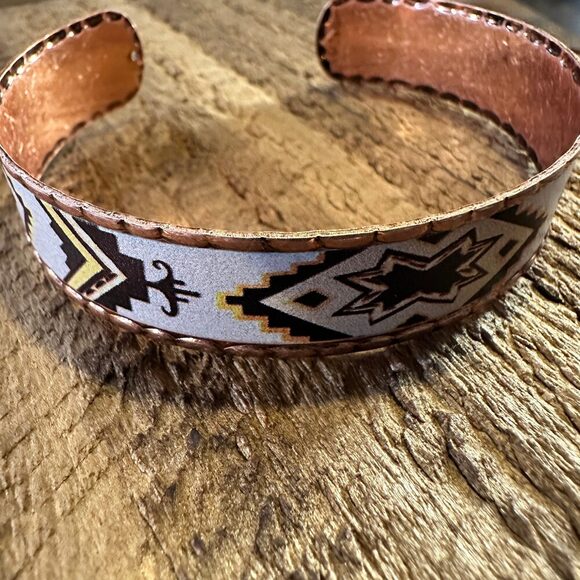Handmade Boho Native American Navajo Copper Narrow Cuff Bracelet, Navy Yellow, - Picture 3 of 11